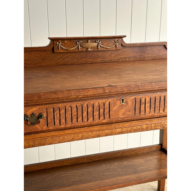 Traditional Antique Oak Server Table With Neoclassical Gallery, C. 1890 For Sale - Image 3 of 17