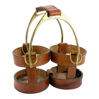 1990s Equestrian Form Leather and Brass Wine Holder by Global Views For Sale
