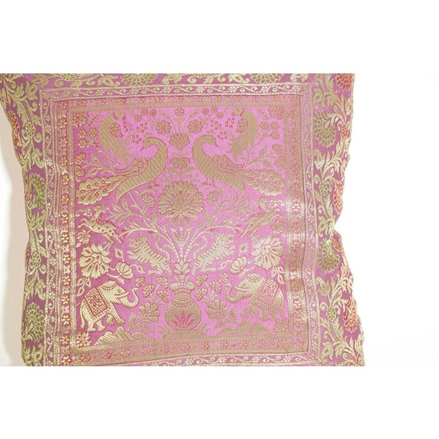 Pink Silk Pink Throw Pillow With Elephants and Peacocks India For Sale - Image 8 of 10