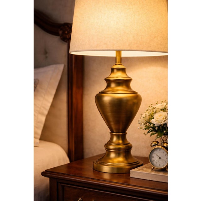 Brass Vintage Antiqued Brass Urn Table Lamp With Linen Drum Shade – 28” Traditional Neoclassical Lighting For Sale - Image 8 of 9
