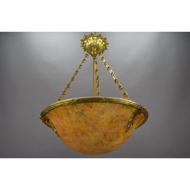 French Neoclassical Style Amber Alabaster and Bronze Pendant Light, 1920 For Sale - Image 4 of 18