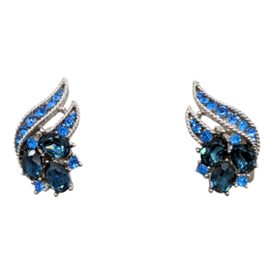 Vintage Signed Crown Trifari Faux-Sapphire Clip Earrings- 2 Pieces