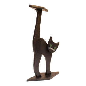 Vintage Hand Carved and Painted Wooden Folk Art Black Cat Stand / Ashtray Stand