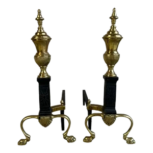 Late 20th Century Regency Style Brass and Black Cast Iron Andirons - a Pair