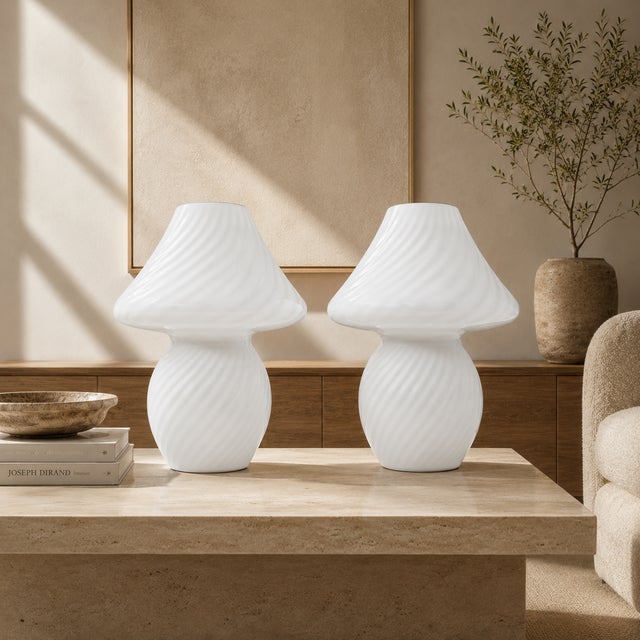 Vintage Italian White Murano Mushroom Lamps - a Pair For Sale - Image 10 of 10