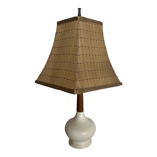 Vintage Danish Modern Style Leviton Ceramic & Wood Table Lamp For Sale