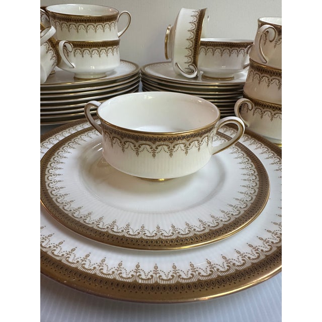 1990s Paragon"ATHENA" Pattern 31pc Dinner Set White and Gold Colors With Banded Border Gold Scrollwork For Sale - Image 16 of 16