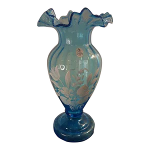 1960s Fenton Blue Hand-Painted Ruffled Vase