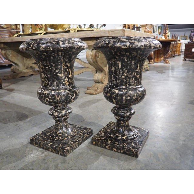 Pair of Decorative Faux Portoro Marble Wooden Campana Vases From Italy For Sale - Image 16 of 18