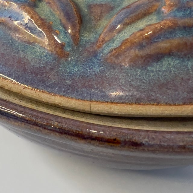 Rustic Vintage Studio Art Pottery Stoneware Seafoam Blue Dungeness Crab Signed Jeff Tinius Storm Lake Pottery Casserole Covered Dish For Sale - Image 3 of 14