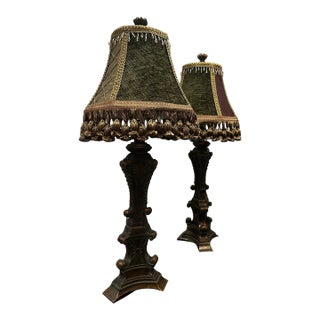 1990s Hollywood Regency Resin Lamps W/ Jewel-Toned, Beaded Shades - a Pair For Sale