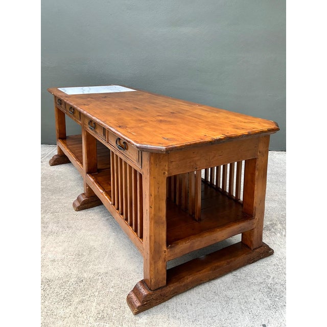 Chocolate Vintage Monumental Rustic Wood and Marble Console Table For Sale - Image 8 of 18