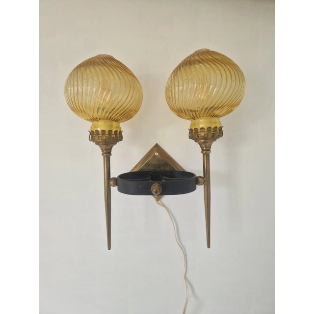Beautiful lamp with brass arms and glass shades in the style of Gio Ponti. Up to 250V (Europe/UK Standard).The wiring of...