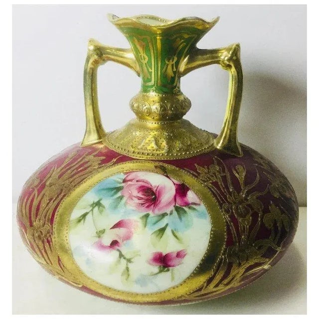 Arts & Crafts Antique Hand Painted Nippon Style Vase With Gold Overlay For Sale - Image 3 of 7