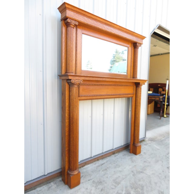 Art Nouveau Antique Mission Oak Mantle Fireplace Surround W/ Mirror ~ Arts & Crafts ~ Columns For Sale - Image 3 of 16