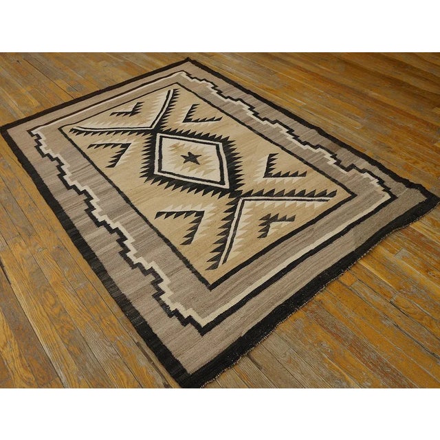 Tribal 1920s Beige Medallion Tribal Antique American Navajo Carpet 4'2" X 5'10" Flatweave Wool Rug For Sale - Image 3 of 9