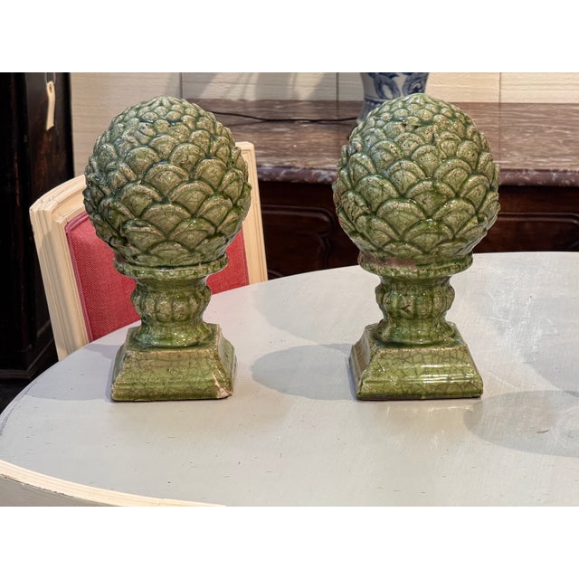Ceramic 1950s Pair of Green Glazed Ceramic Artichoke Finials on Plinths For Sale - Image 7 of 7