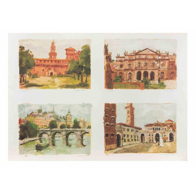 Lithograph on wove paper, realized in 1980s. Hand signed under each image. Excellent condition. In Vedute italiane, Franco...