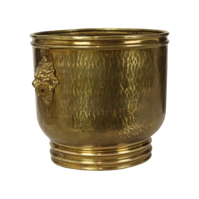 Large Hammered Brass Jardinière Planter with Lion Heads For Sale - Image 4 of 16