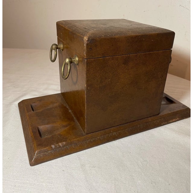 Vintage Italian Brown Leather Wrapped Brass Glass Pipe Tobacco Humidor Box Stand For Sale - Image 11 of 12