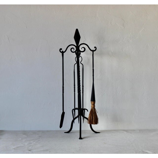 Metal Zeckos Style Wrought Iron Five Piece Fireplace Tool Set Barley Twist Detail Vintage Mid-Century For Sale - Image 7 of 15