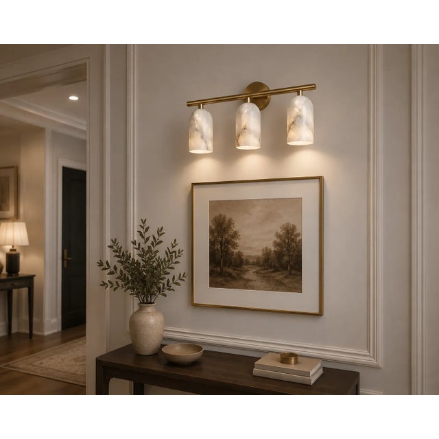 Contemporary Handcrafted Brass 3-Light Vanity Sconce With Natural Alabaster Shades, Luxury Bathroom Lighting For Sale - Image 3 of 9