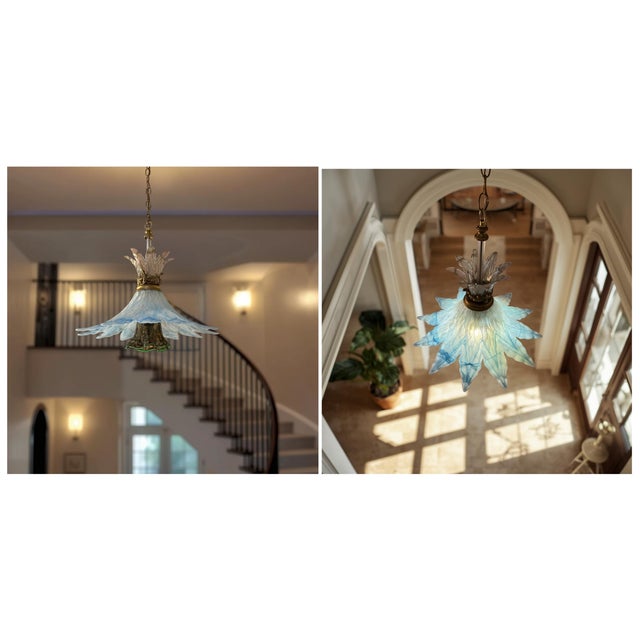 Vintage 3 Tiered Murano Art Glass 20 In. Wide Abstract Clematis Petal Pendant Lamp For Sale - Image 12 of 18