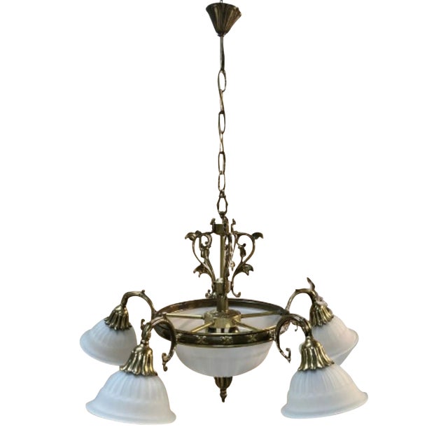 Mid-Century Art Deco Bronze and Crystal 5 Arm Chandelier For Sale