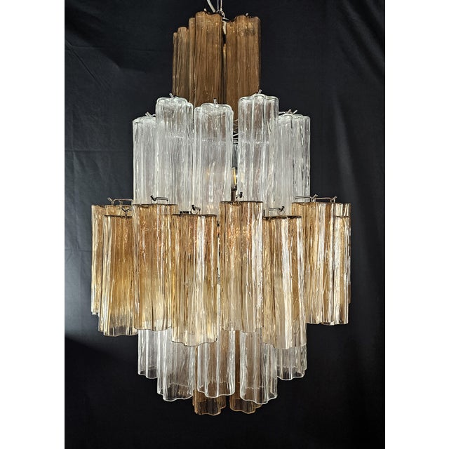 Vintage Murano chandelier, Barovier style. This lamp features multiple layers of glass, with a distinctive pear shape. It...