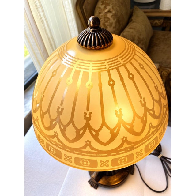 Vintage Art Deco Style Table Lamp, Ornate Dark Bronze Metal Base, Amber Glass Dome Shade, 24” Tall For Sale - Image 4 of 12