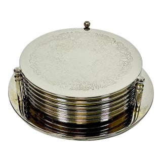 Mid Century Hollywood Regency Chippendale Silver Plate Coasters and Caddy - Set of 7. For Sale