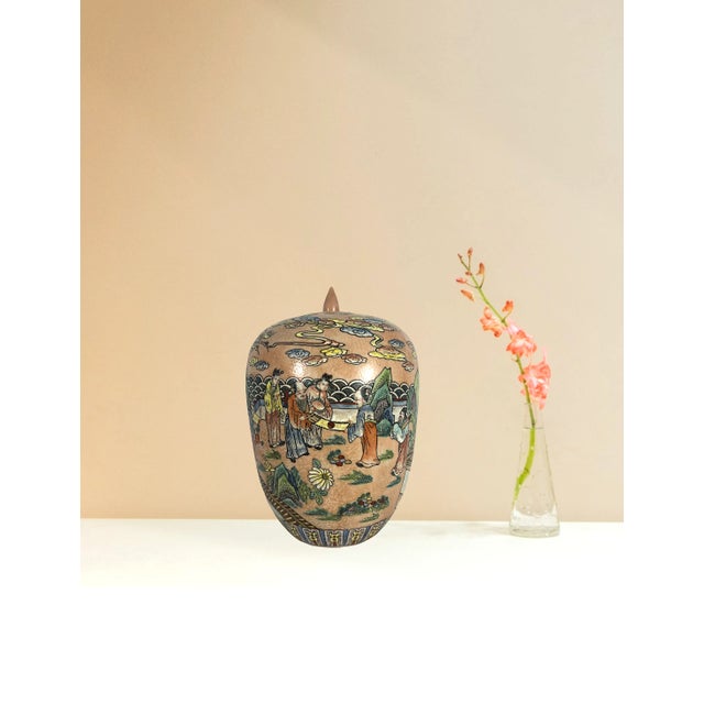 Peach Antique Chinese Peach Orange Pavillion Ginger Jar With Celebration Parade and Red Crowned Cranes For Sale - Image 8 of 12