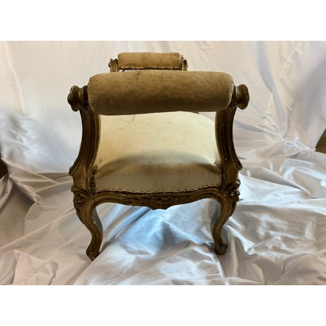Gold Antique Louis XV Style Giltwood Bench, Original Springs & Horsehair Seat — Ready for Reupholstery For Sale - Image 8 of 9
