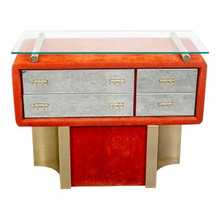 1970s Mid Century Modern Chest Entryway Cabinet Mirrored Glass Orange Velvet Italy For Sale