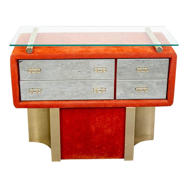1970s Mid Century Modern Chest Entryway Cabinet Mirrored Glass Orange Velvet Italy For Sale