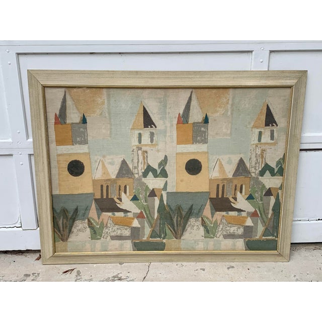Framed Large Vintage Decorative Linen With Cityscape For Sale - Image 10 of 12