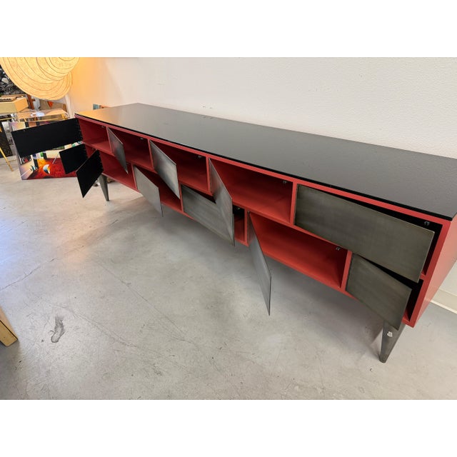 Metal 1990s Custom 11 Drawer Credenza in Red with Brushed Steel Doors and Black Glass Top For Sale - Image 7 of 17