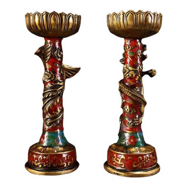 Pair Vintage Gilt Brass Cloisonné Dragon Phoenix Candlesticks, Lotus Top Candle Holders For Sale