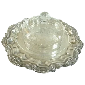 Antique Crystal Cheese Bell Dome With Platter Engraved Monogram Bc
