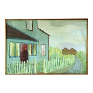 Mid-Century Modern 'Waiting at the Door' Swedish Expressive Street Scene Landscape Oil Painting, Framed For Sale