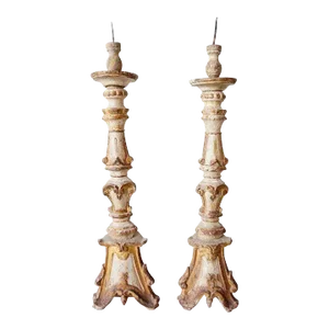 Mid 18th Century Large Indo-Portuguese Baroque Painted & Gilt Teak Pricket Candlesticks - A Pair