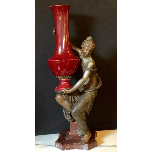 Spelter Figure of a Water Bearer on a Pedestal / Marble With Red Glazed Vase For Sale In New York - Image 6 of 13