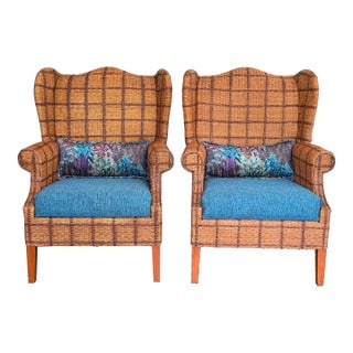 Bespoke Vintage Palecek Wicker Rattan Wingback Chairs - a Pair For Sale