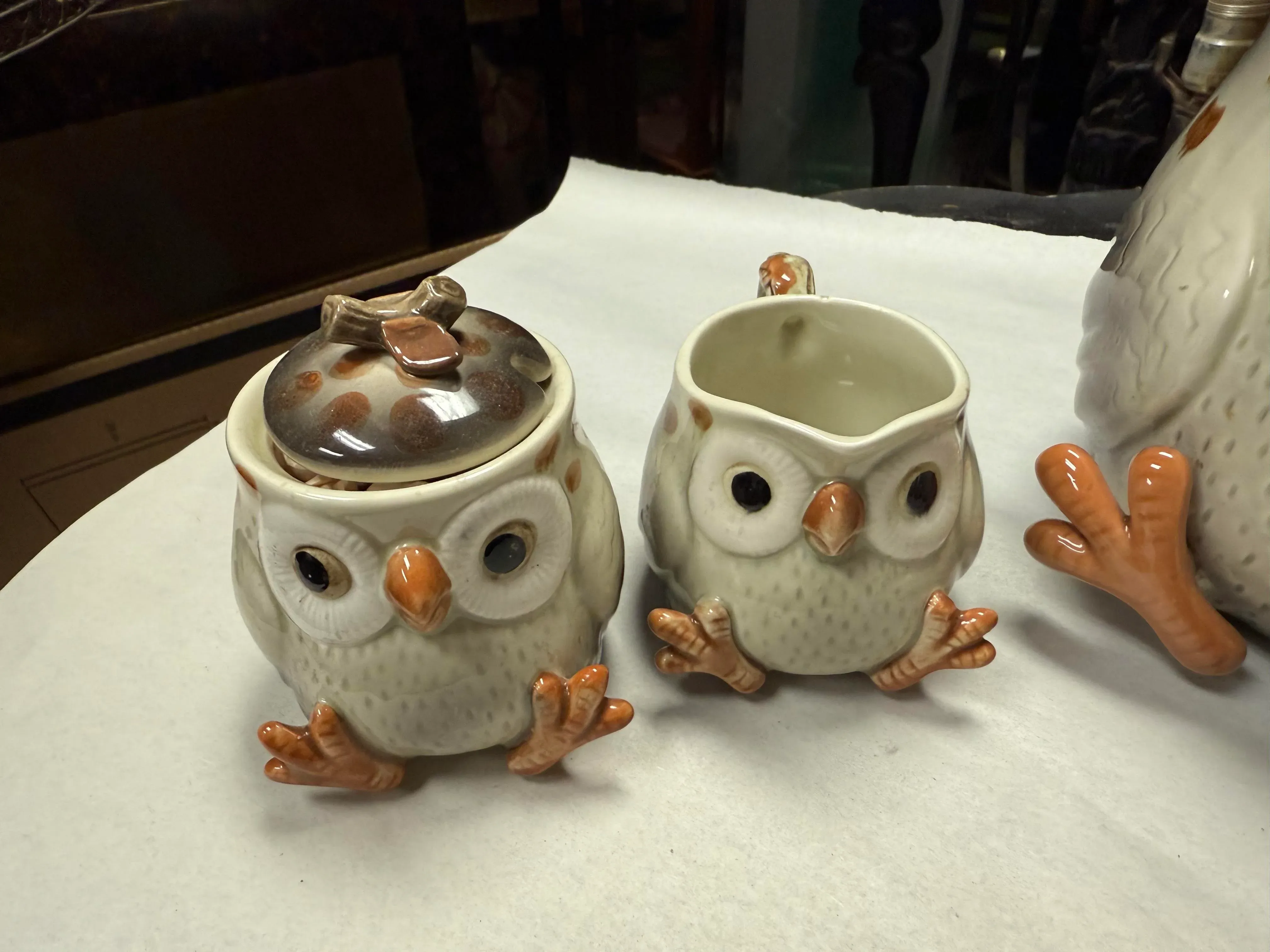 1970s Fitz and Floyd Hand Painted Owl Form Japanese Tea Set Tea