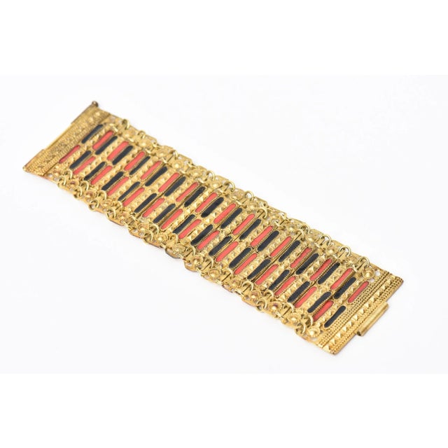 Modern 1950's Grecian Gold Plated Metal With Red and Black Enamel Cuff Bracelet For Sale - Image 3 of 10