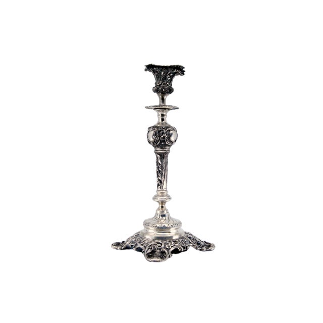Embossed Silver Candlestick with Square Base and Cut-Out Supports For Sale - Image 10 of 11