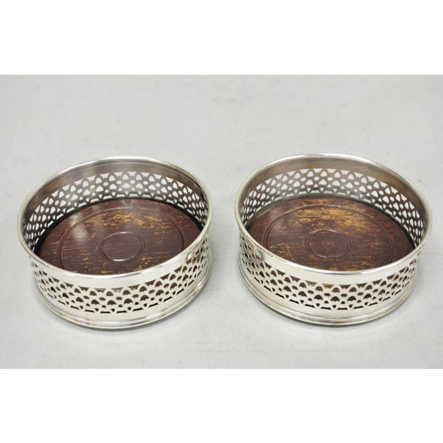 Vintage English Victorian Wood & Silver Plated Bar Wine Bottle Coaster - A Pair For Sale - Image 11 of 11