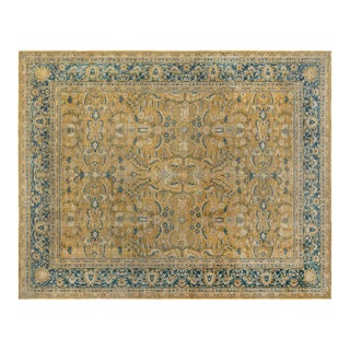 Authentic 19th Century Indian Yellow Beige Botanic Handmade Wool Rug For Sale