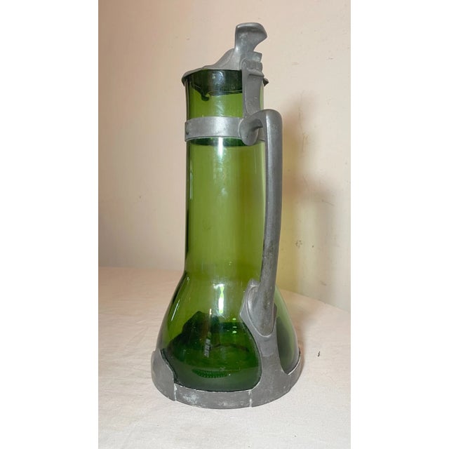 Metal Large Antique 1800's German Arts and Crafts Pewter Green Glass Tankard Pitcher For Sale - Image 7 of 14