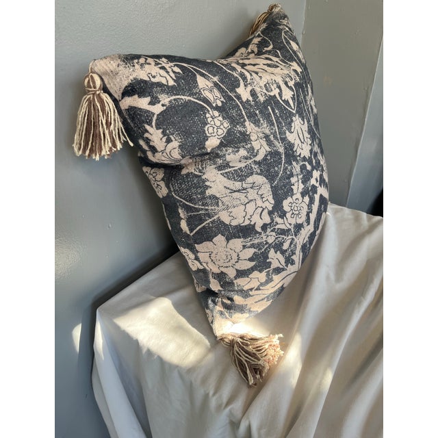 Off-white Blue and Off-White Decorative Tasseled Throw Pillow With Distressed Damask Pattern For Sale - Image 8 of 10